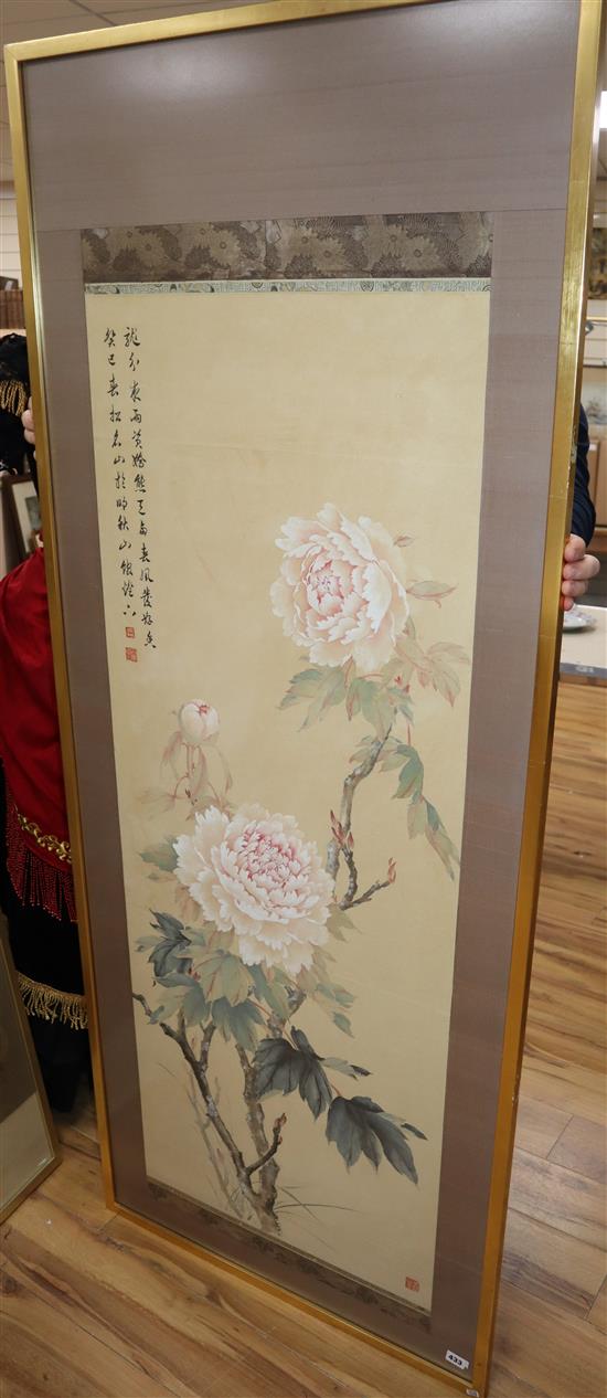 Anonymous (19th/20th century): A Chinese pigment on paper panel depicting peony blossom,